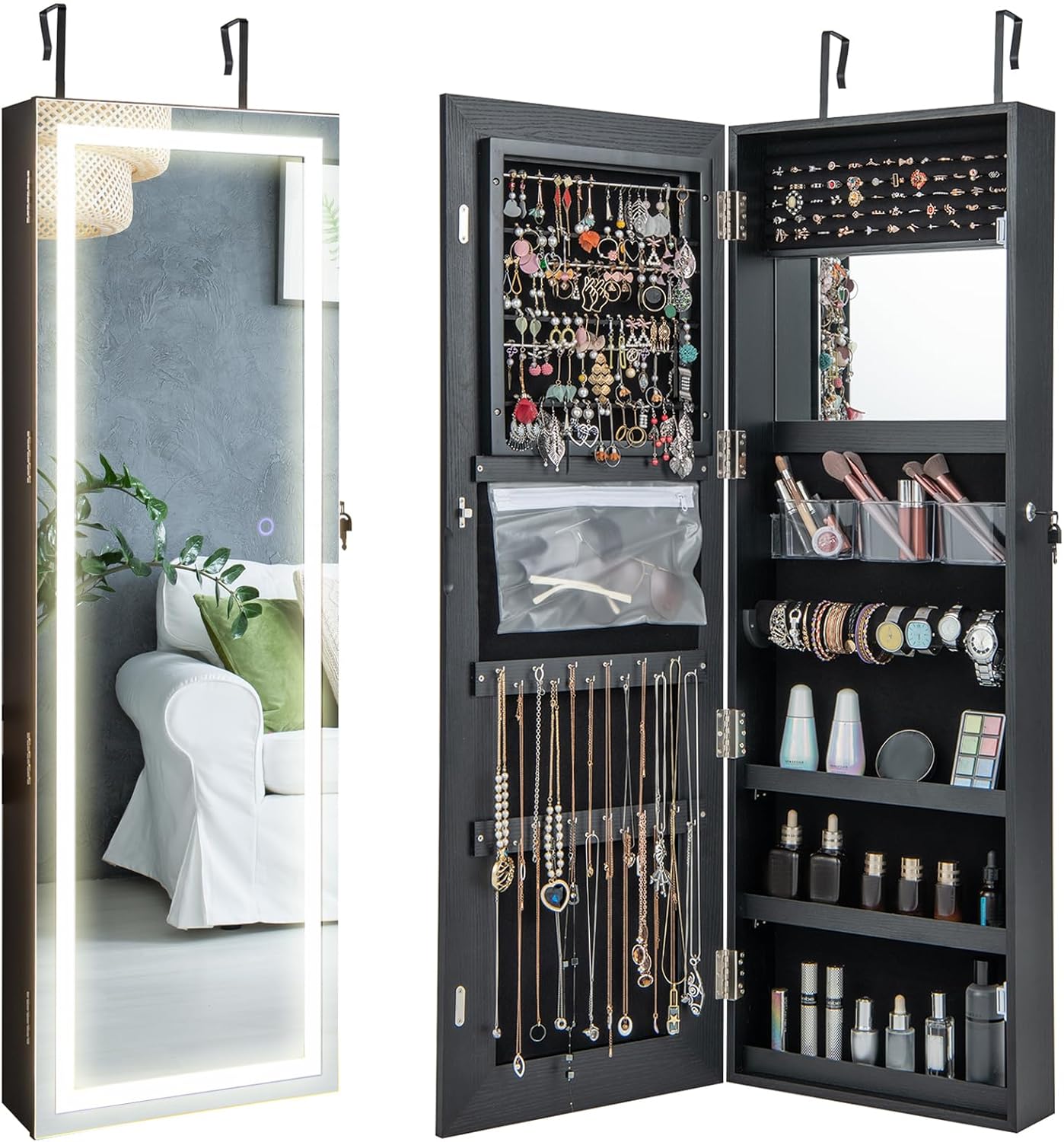 Full-Length Lighted Mirror Jewelry Cabinet with Drawers